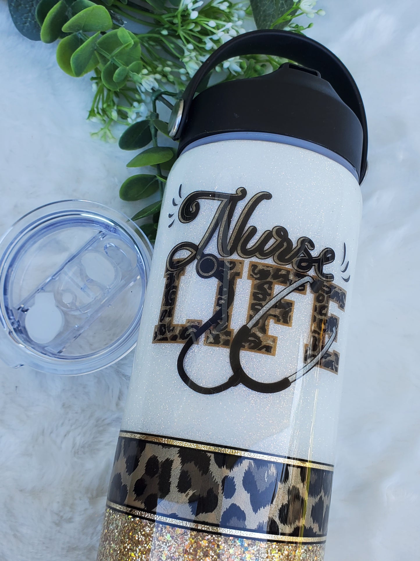 NURSE life leopard Glitter Custom Tumbler - 24 oz Skinny Plump hydro - white gold