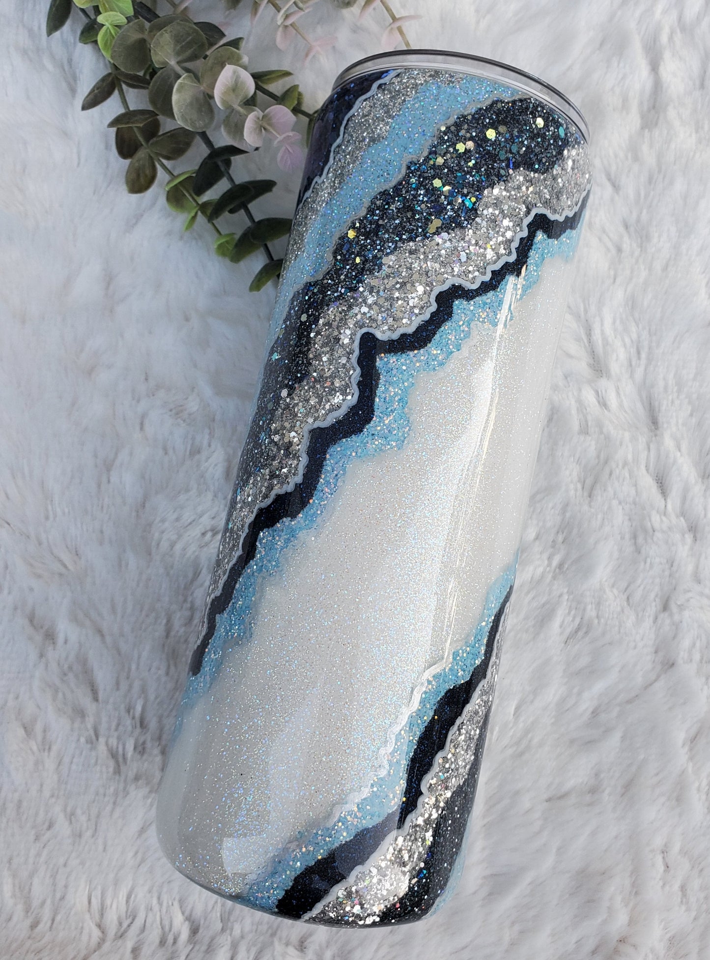 Geode Blue hand glittered custom tumbler - 24 oz skinny plump