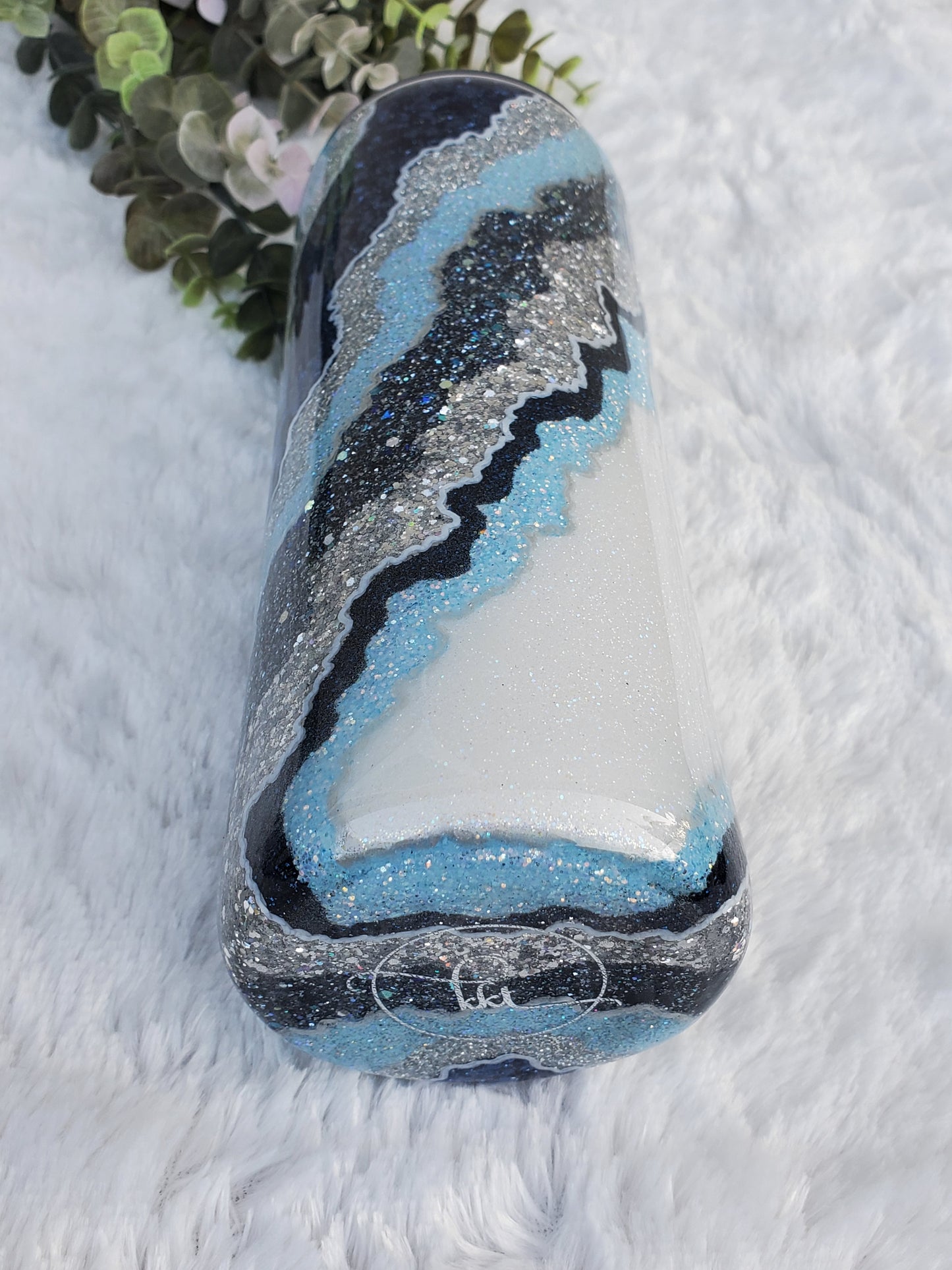 Geode Blue hand glittered custom tumbler - 24 oz skinny plump