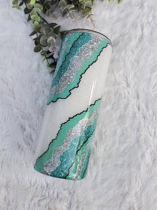 Geode turquoise hand glittered custom tumbler - 24 oz skinny plump