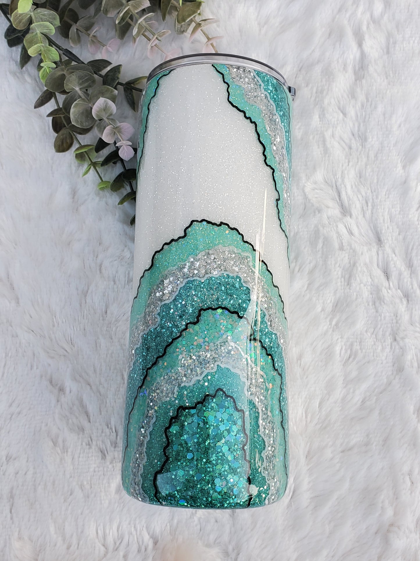 Geode turquoise hand glittered custom tumbler - 24 oz skinny plump