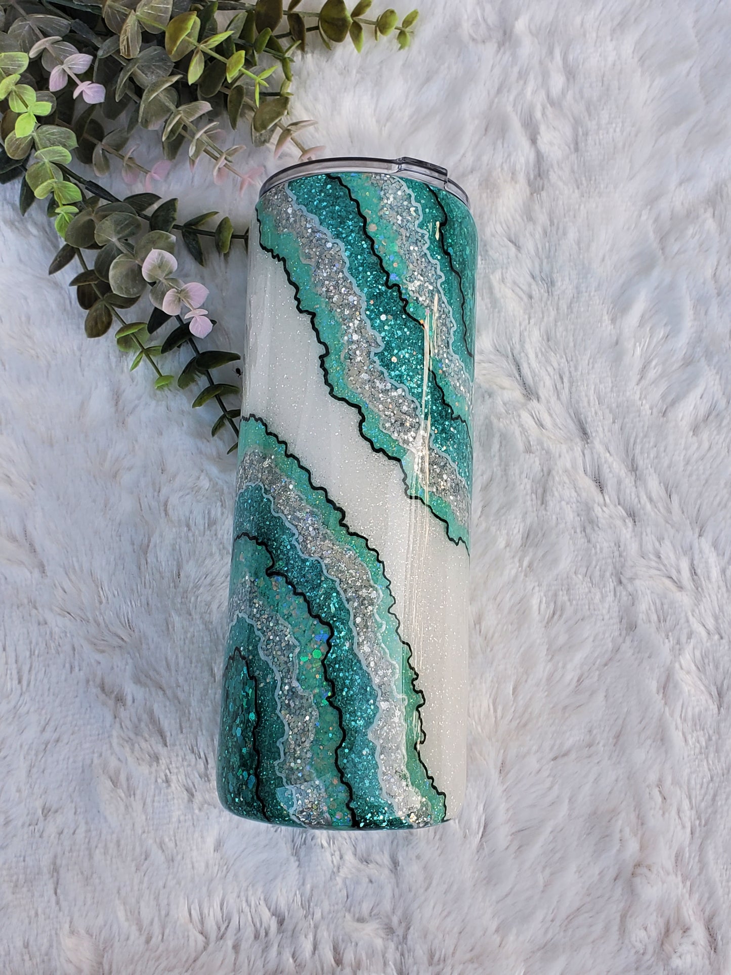 Geode turquoise hand glittered custom tumbler - 24 oz skinny plump