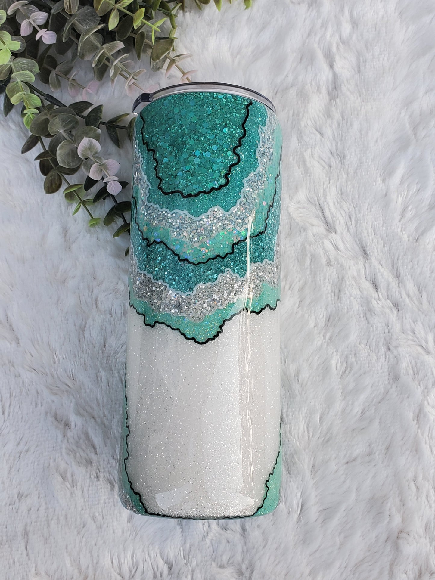 Geode turquoise hand glittered custom tumbler - 24 oz skinny plump