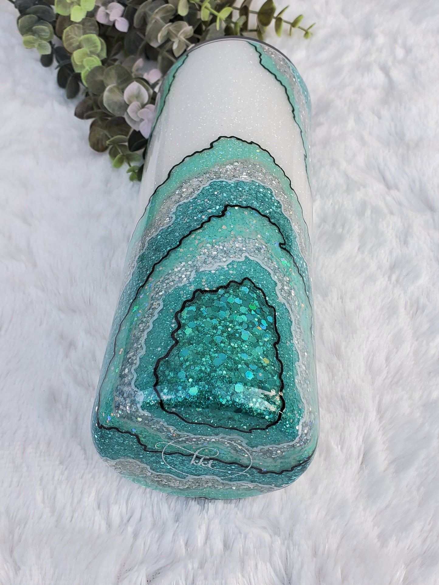 Geode turquoise hand glittered custom tumbler - 24 oz skinny plump