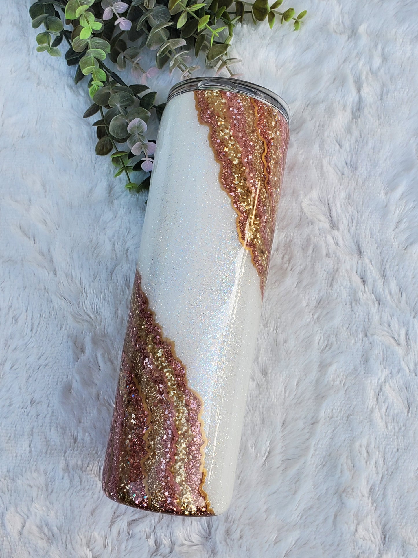 Geode Rose Gold hand glittered custom tumbler - 30 oz skinny taper