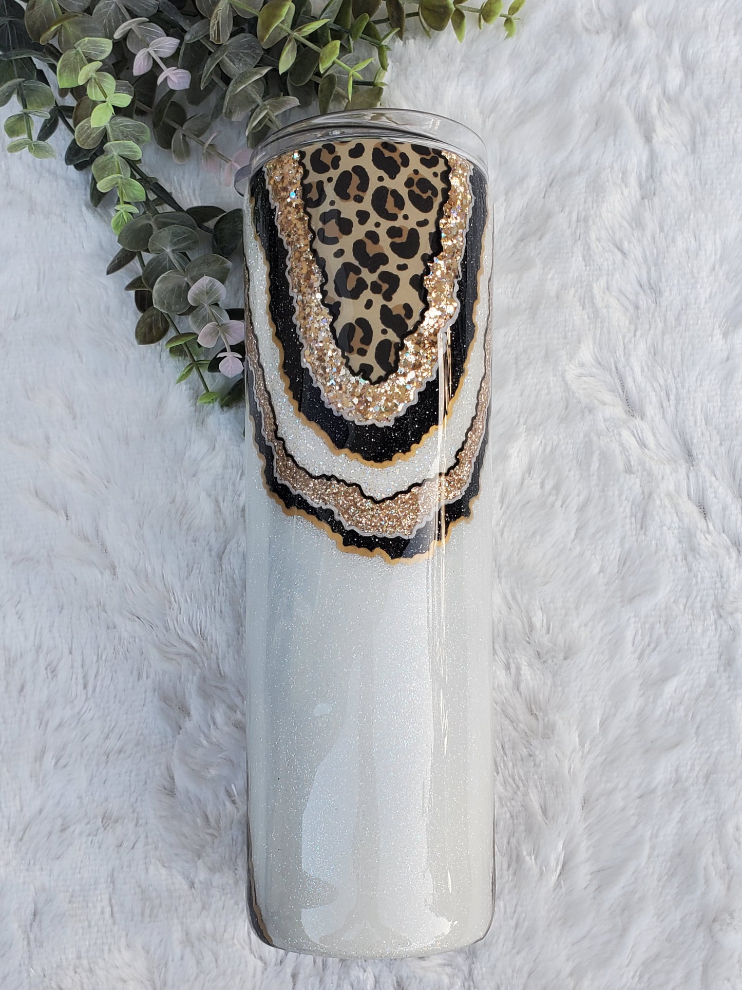 Geode leopard hand glittered custom tumbler - 30 oz skinny taper