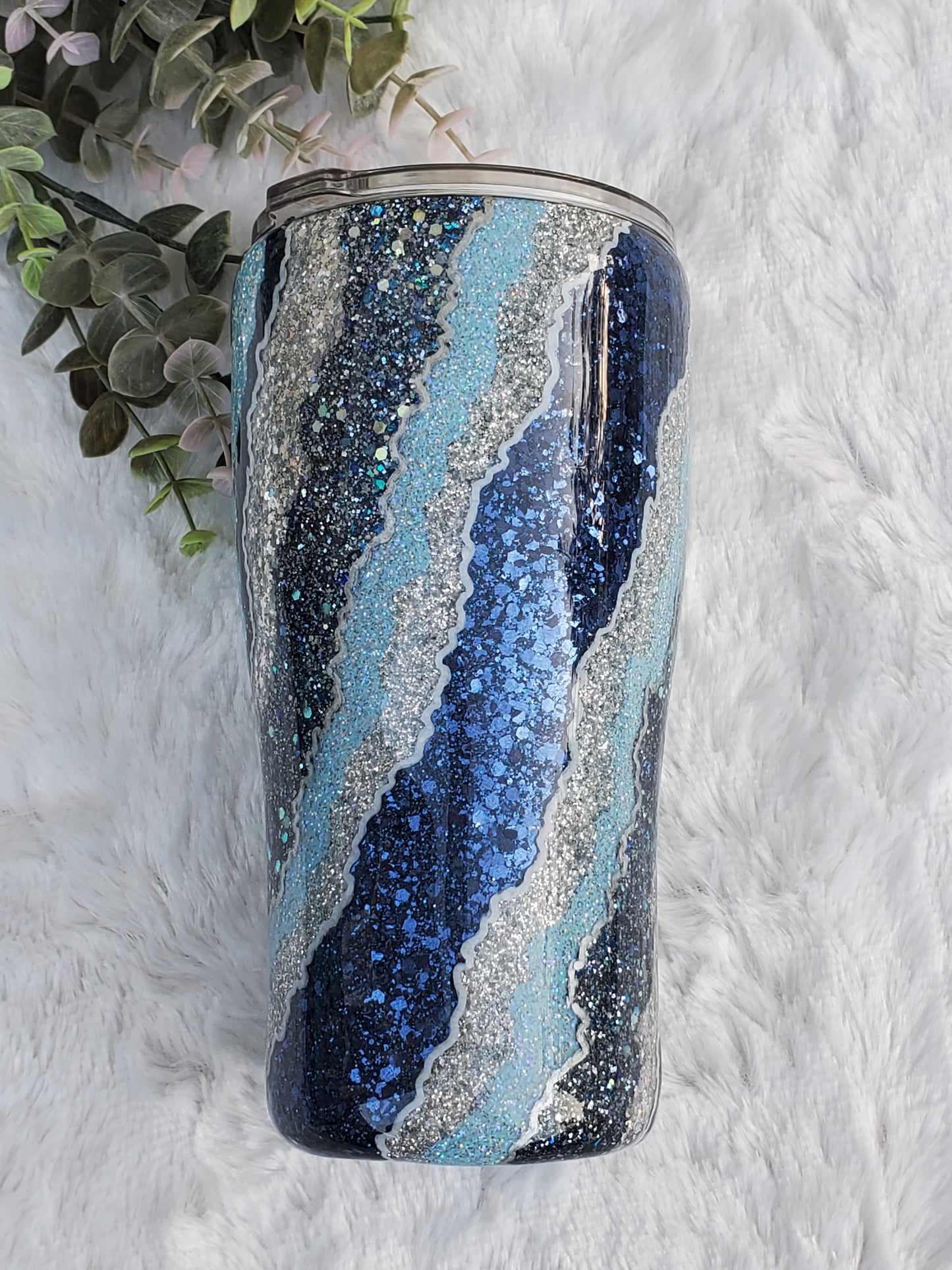 Geode Blue hand glittered custom tumbler - 20 oz curve