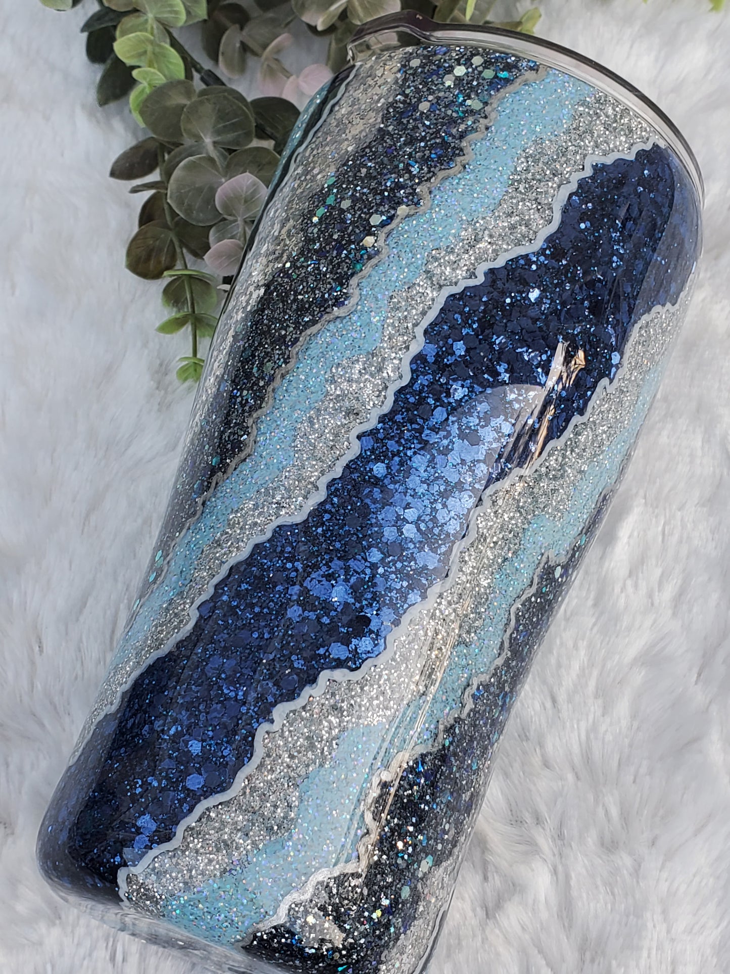 Geode Blue hand glittered custom tumbler - 20 oz curve