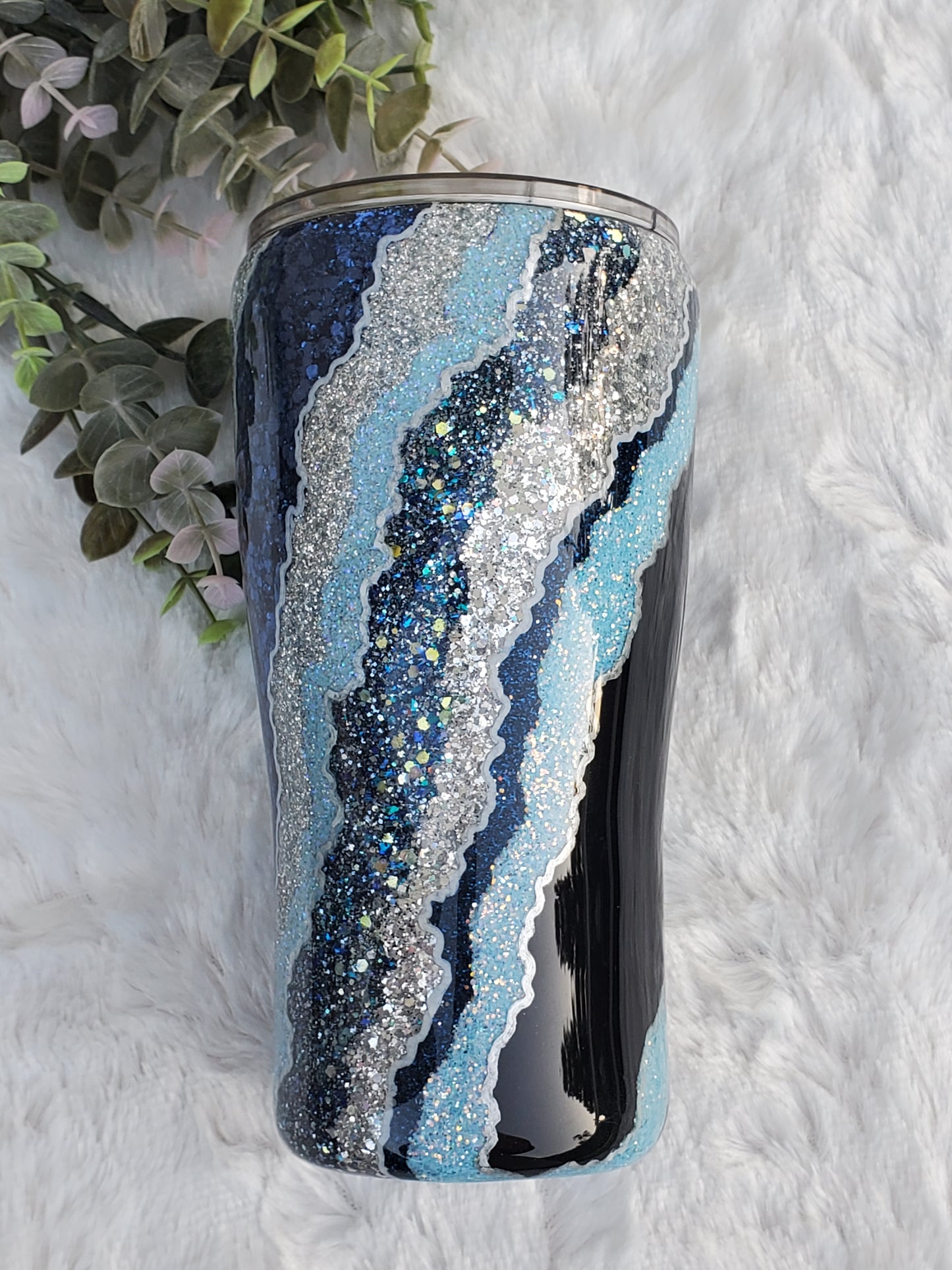 Geode Blue hand glittered custom tumbler - 20 oz curve