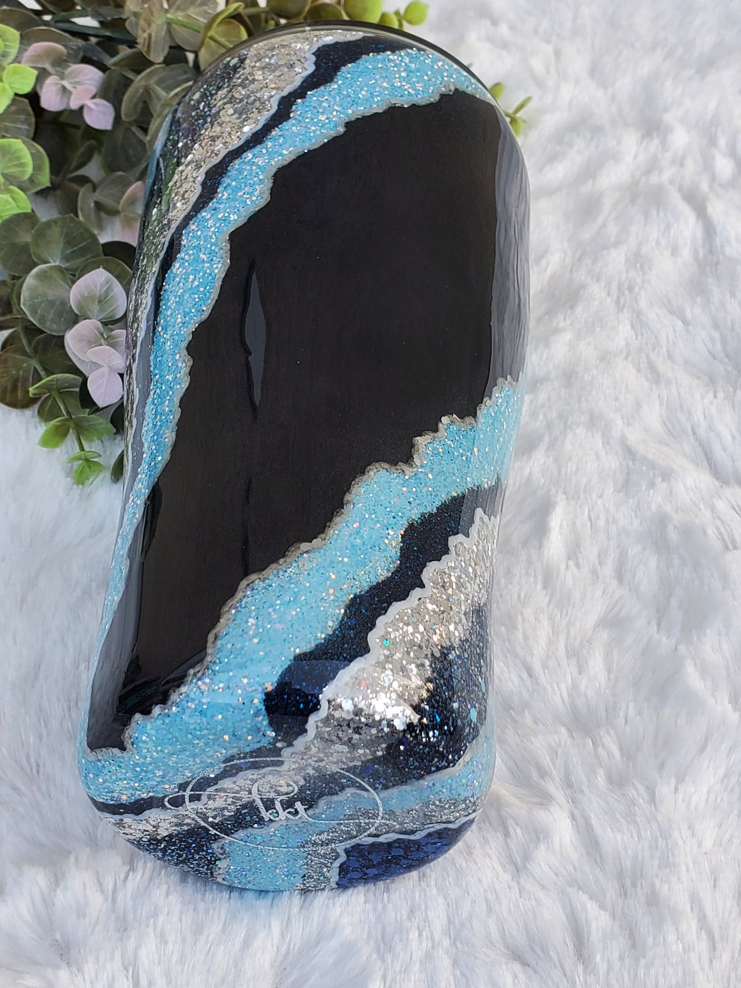 Geode Blue hand glittered custom tumbler - 20 oz curve