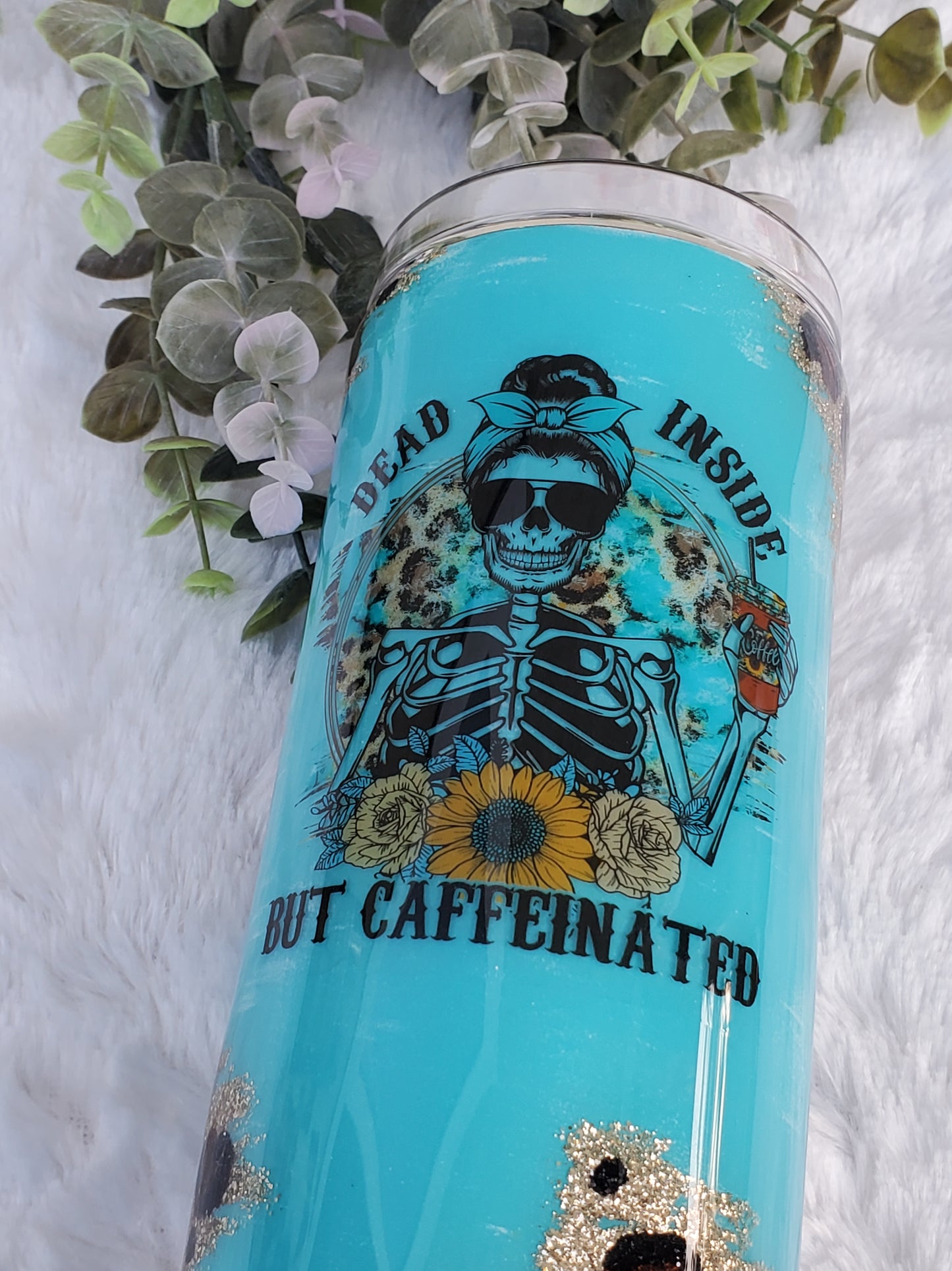 Dead Inside but Caffeinated Custom Tumbler - 20 oz Skinny Straight - turquoise hand painted leopard