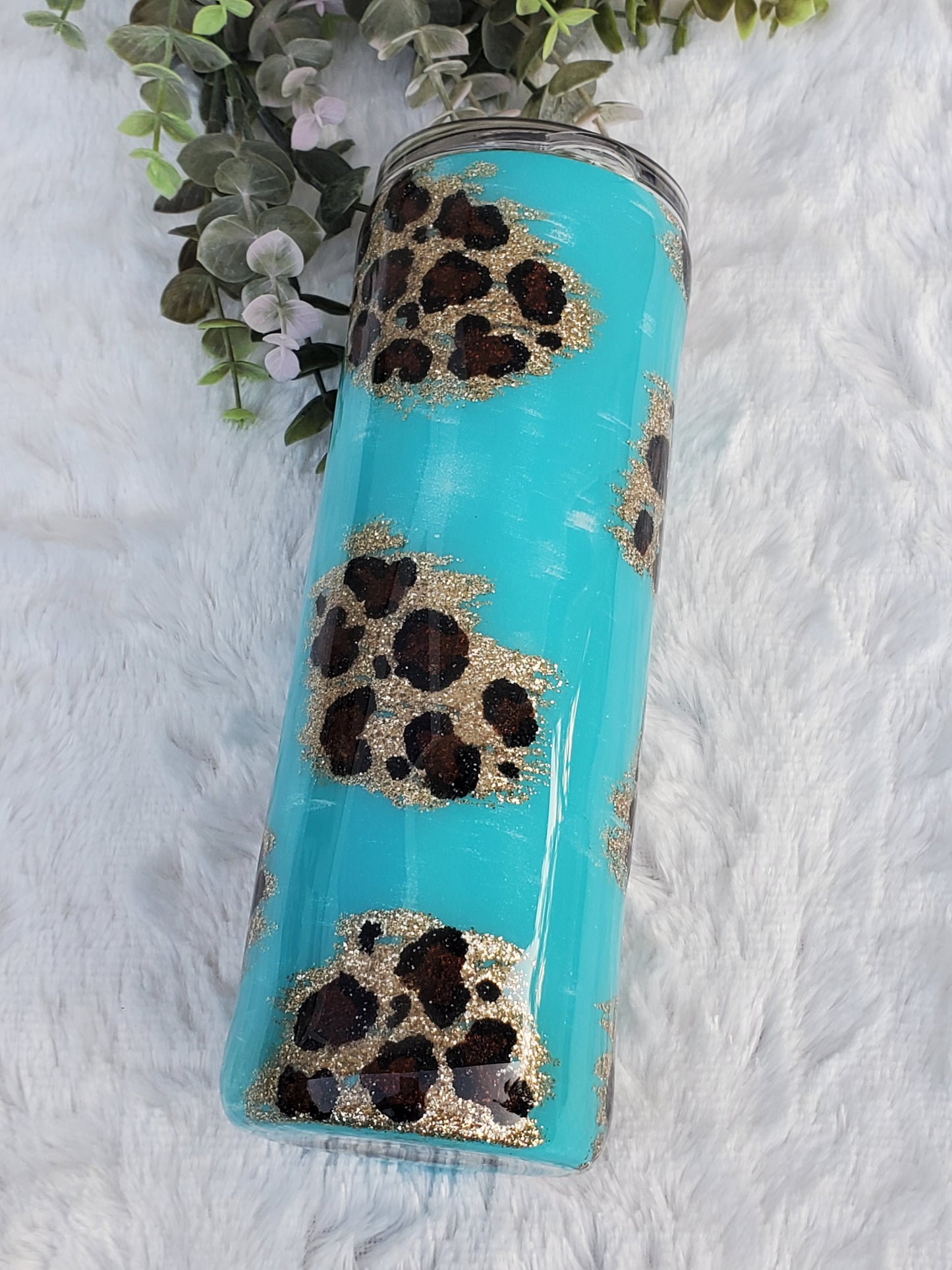 Dead Inside but Caffeinated Custom Tumbler - 20 oz Skinny Straight - turquoise hand painted leopard