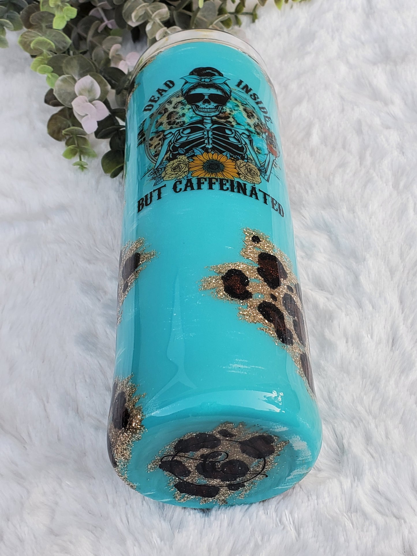 Dead Inside but Caffeinated Custom Tumbler - 20 oz Skinny Straight - turquoise hand painted leopard