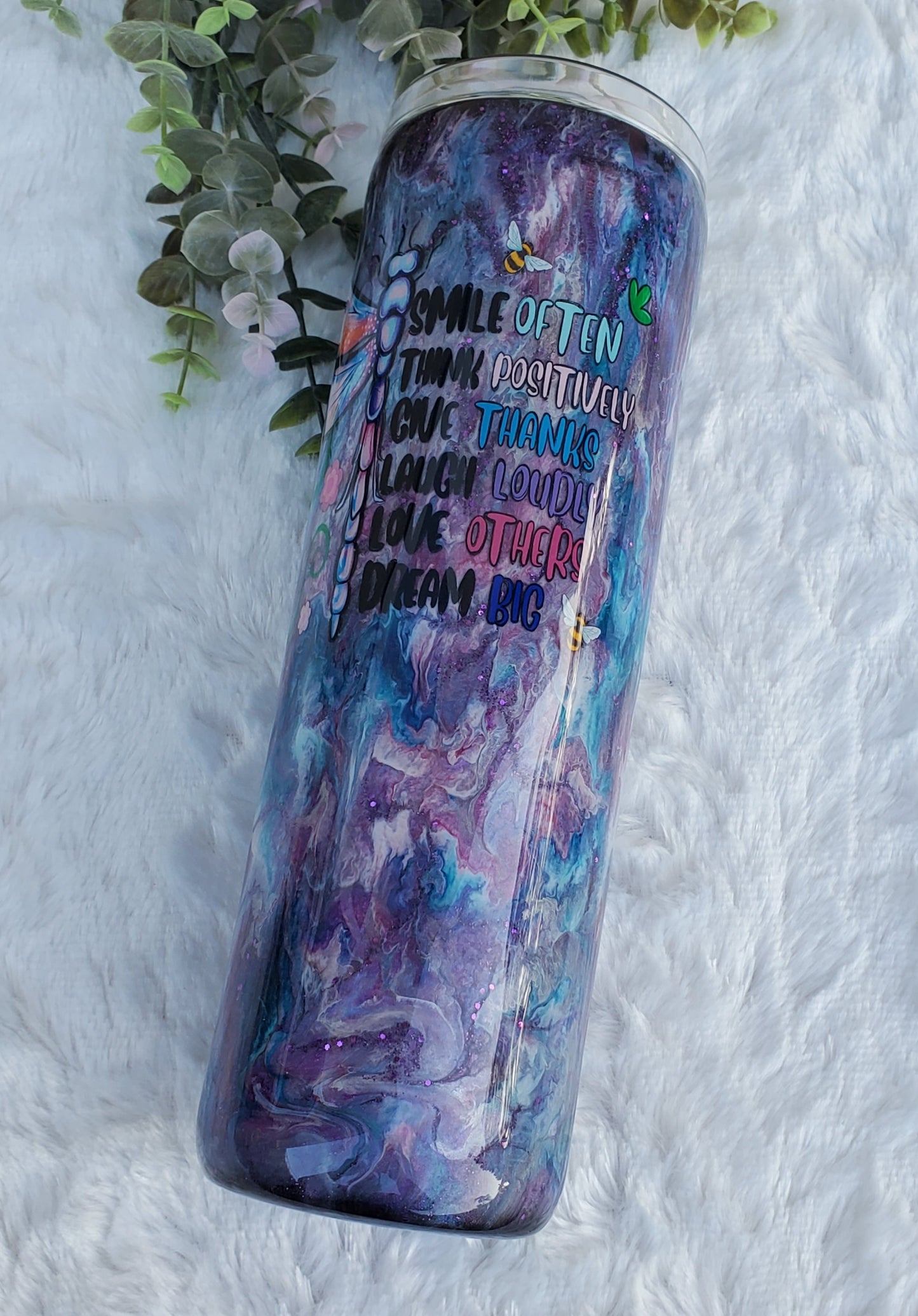 Dragonfly positive ink pigment swirl custom tumbler - 30 oz skinny taper - purple blue