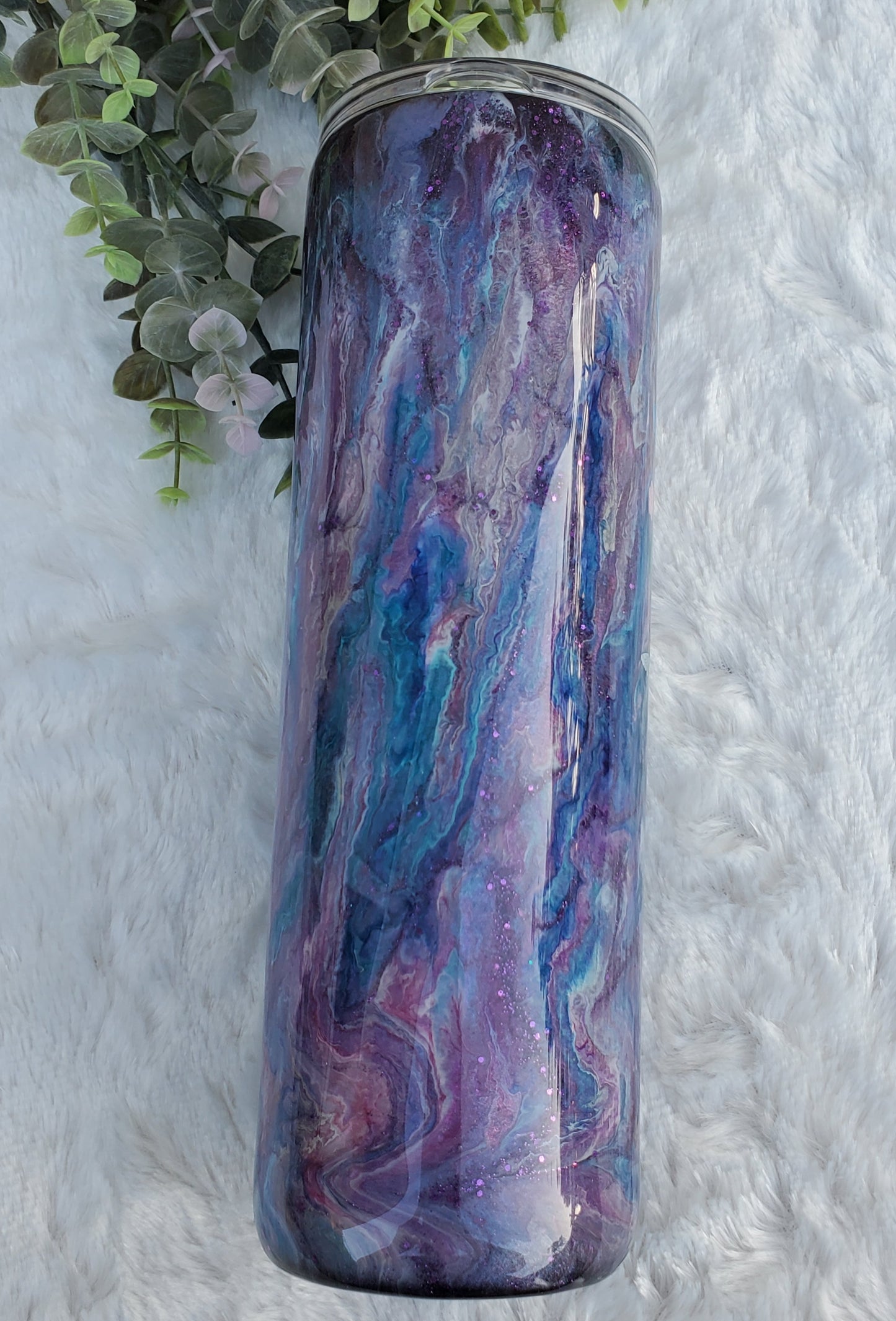 Dragonfly positive ink pigment swirl custom tumbler - 30 oz skinny taper - purple blue