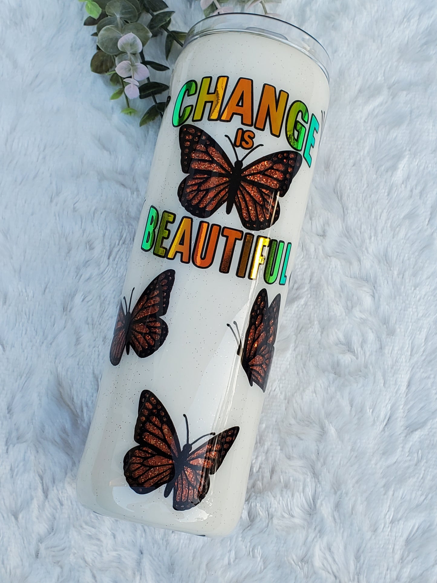 Change is Beautiful Butterfly Peekaboo Custom Tumbler - 20 oz Skinny Straight - orange glitter