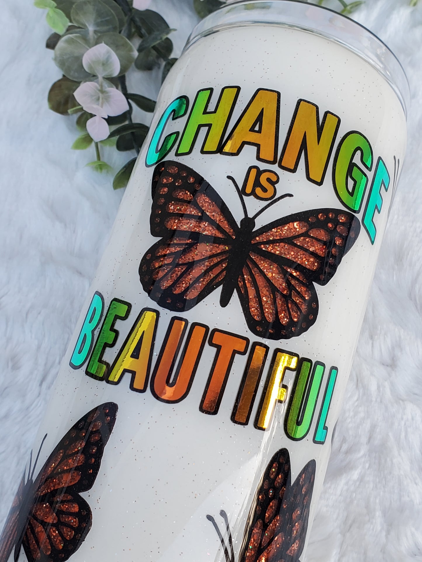 Change is Beautiful Butterfly Peekaboo Custom Tumbler - 20 oz Skinny Straight - orange glitter