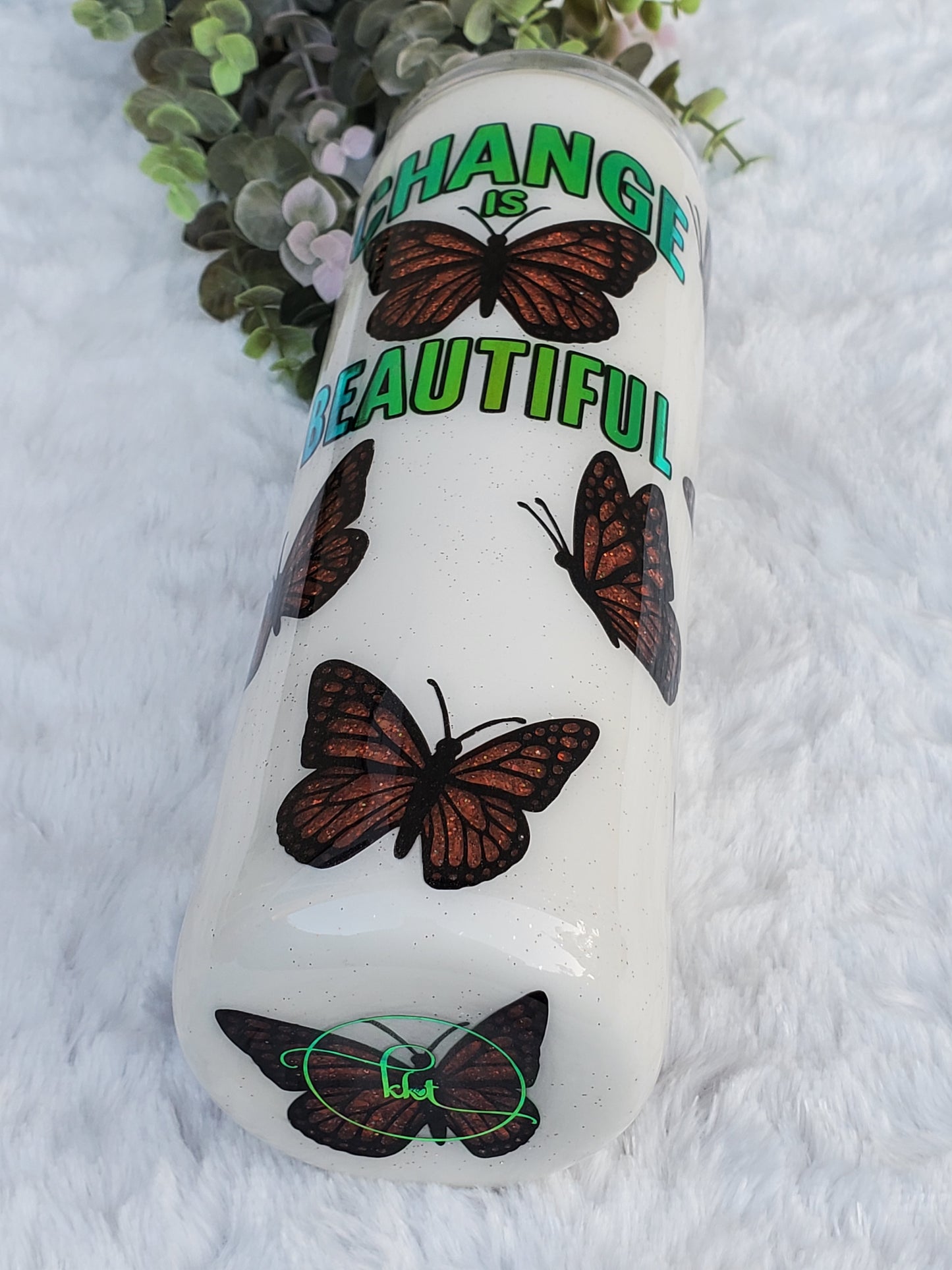 Change is Beautiful Butterfly Peekaboo Custom Tumbler - 20 oz Skinny Straight - orange glitter