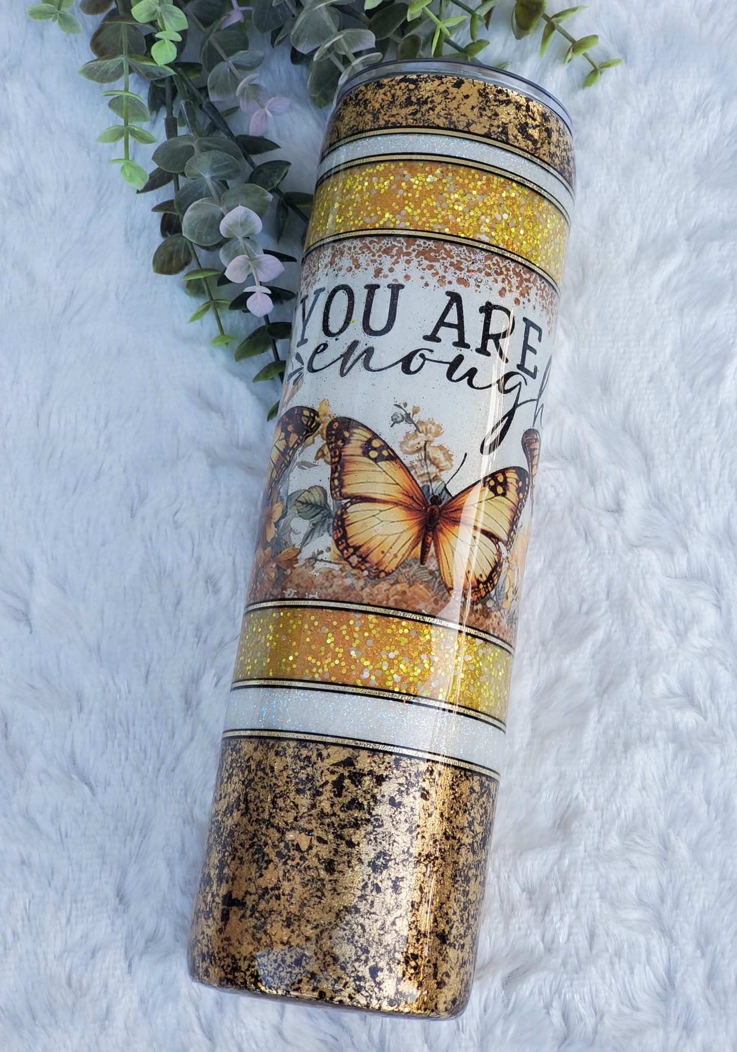 You are Enough butterfly Glitter Foil Custom Tumbler - 32 oz Skinny Plump - yellow gold black