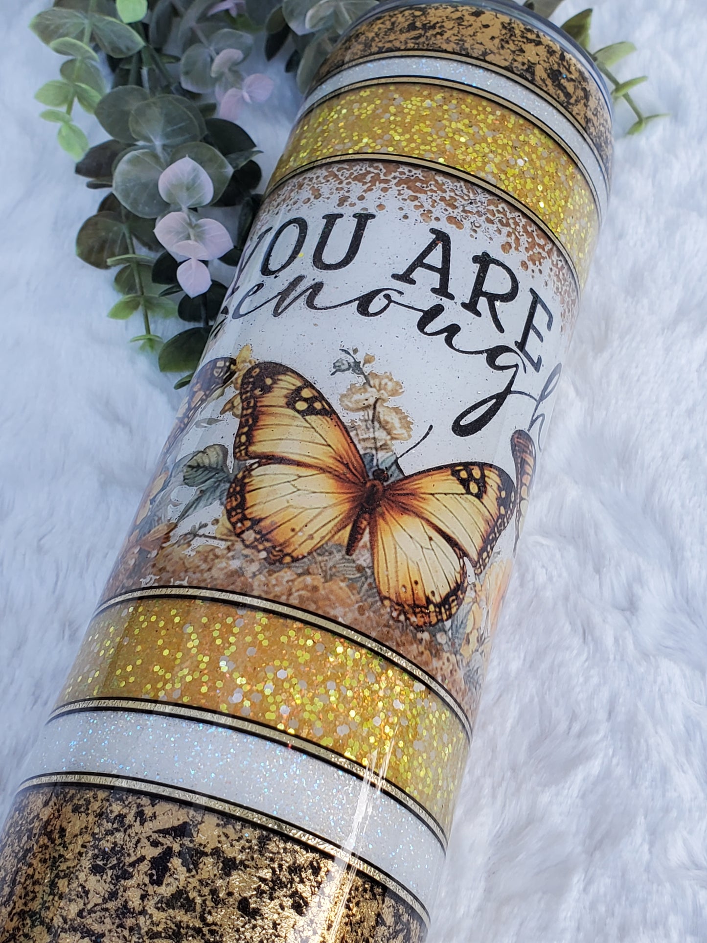 You are Enough butterfly Glitter Foil Custom Tumbler - 32 oz Skinny Plump - yellow gold black