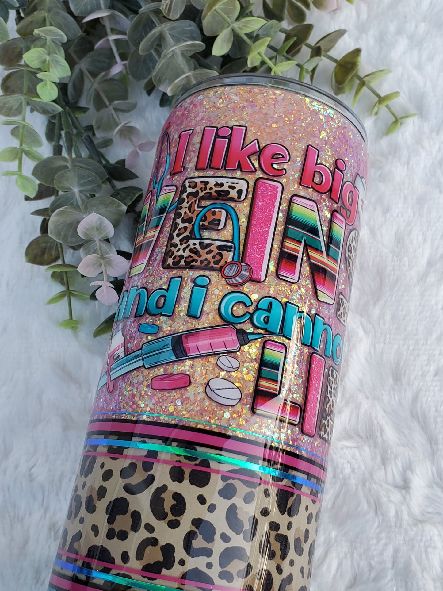 I Like Big Veins Glitter leopard Custom Tumbler - 32 oz Skinny Plump - pink turquoise