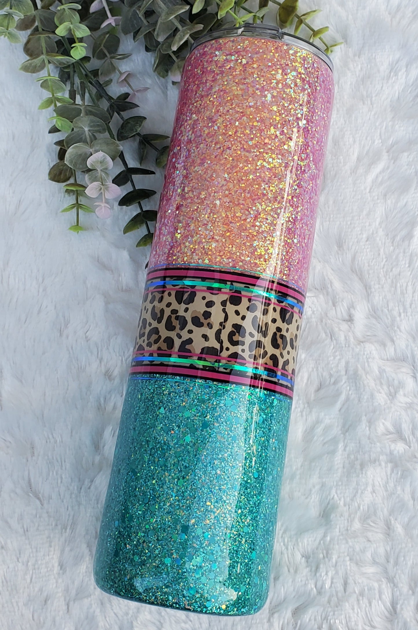 I Like Big Veins Glitter leopard Custom Tumbler - 32 oz Skinny Plump - pink turquoise