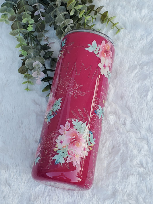 MAMA Peekaboo floral Custom Tumbler - 24 oz Skinny Straight - Pinks