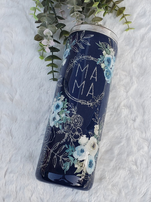 MAMA Peekaboo floral Custom Tumbler - 20 oz Skinny Straight - Navy blue & silver