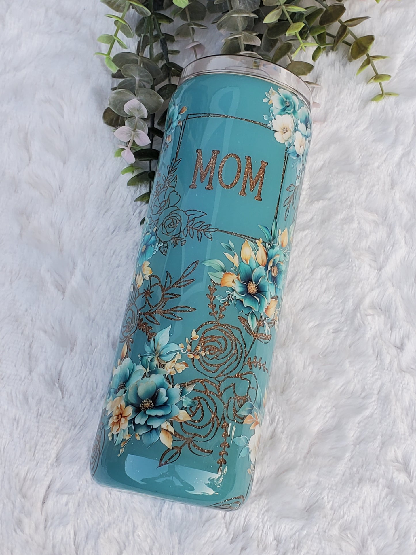 MOM Peekaboo floral Custom Tumbler - 20 oz Skinny Straight - Turquoise & Gold