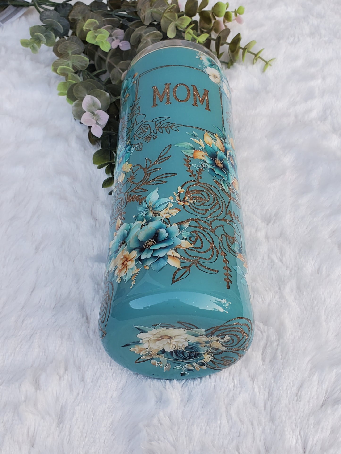 MOM Peekaboo floral Custom Tumbler - 20 oz Skinny Straight - Turquoise & Gold