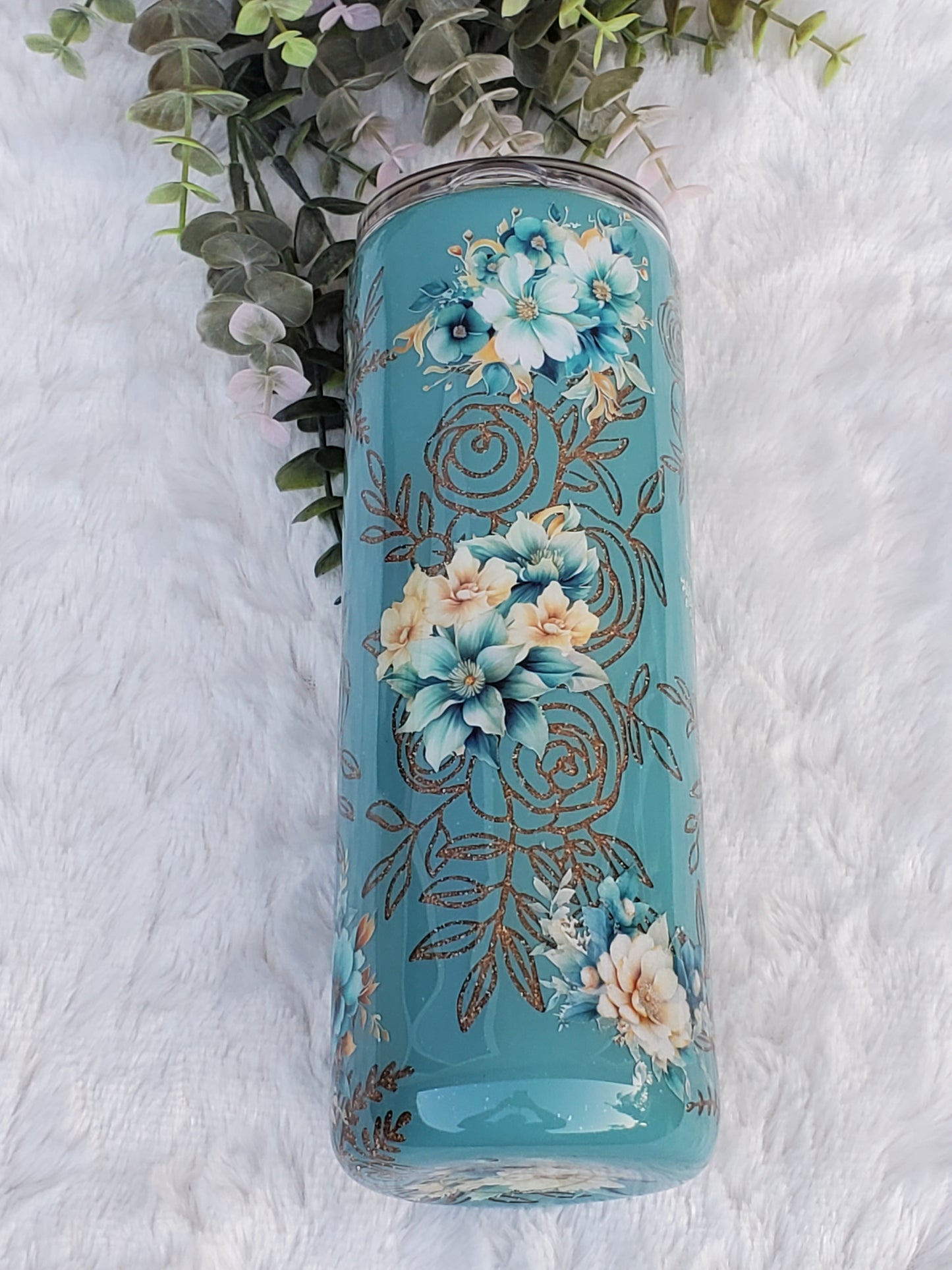 MOM Peekaboo floral Custom Tumbler - 20 oz Skinny Straight - Turquoise & Gold