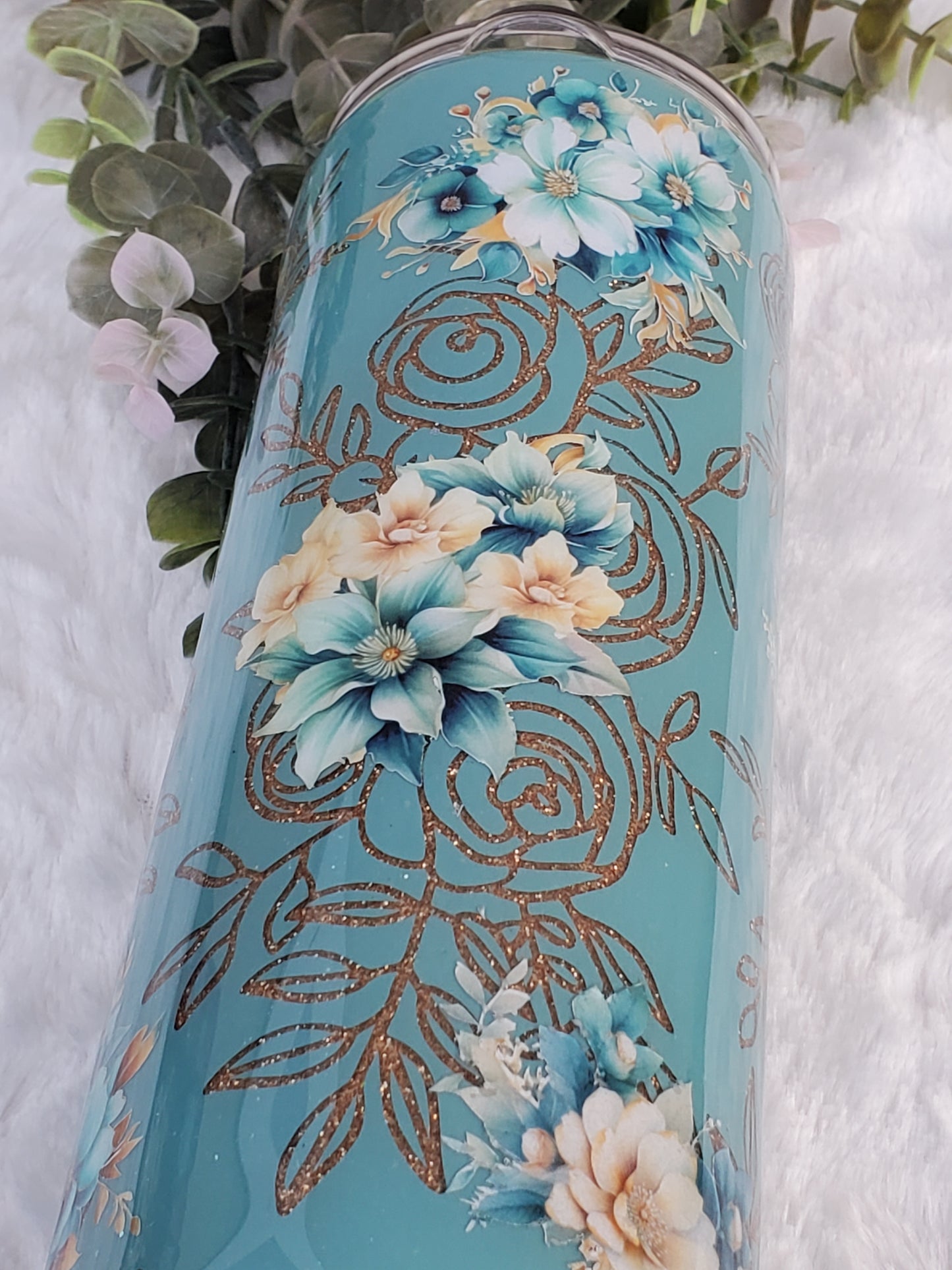 MOM Peekaboo floral Custom Tumbler - 20 oz Skinny Straight - Turquoise & Gold