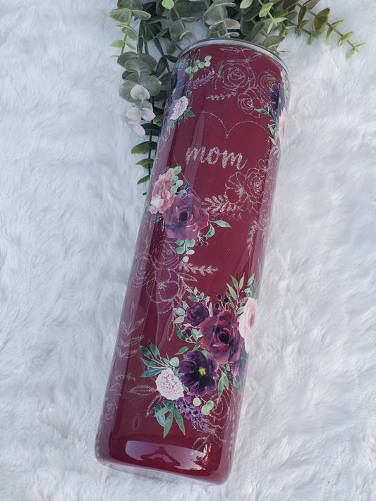 MOM Peekaboo floral Custom Tumbler - 32 oz Skinny Plump - Maroon/pink/purple