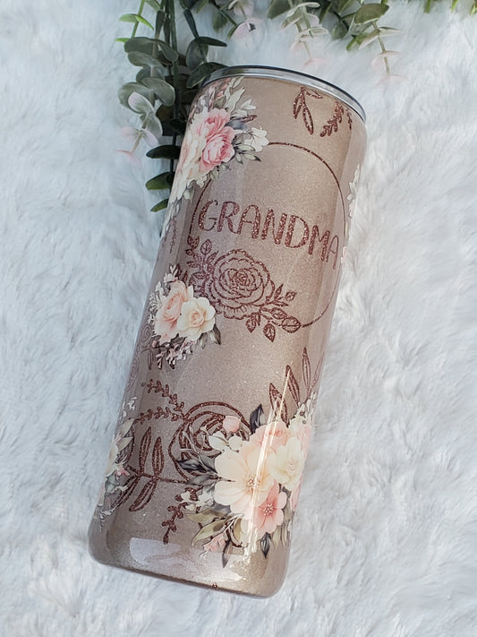 GRANDMA Peekaboo floral Custom Tumbler - 24 oz Skinny Straight - Rose gold & peach pink