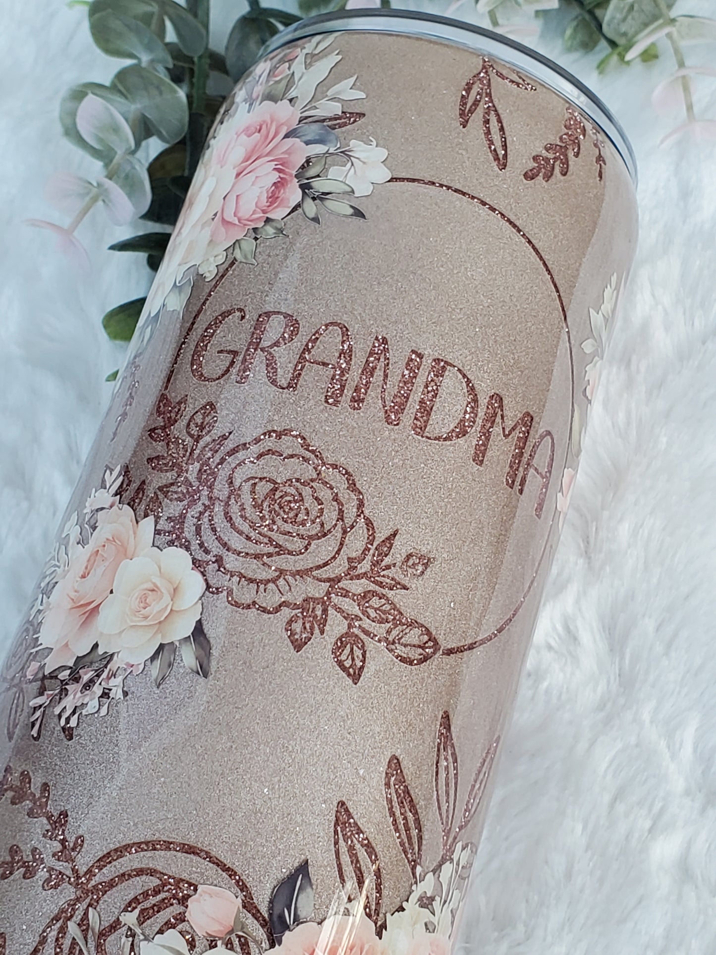 GRANDMA Peekaboo floral Custom Tumbler - 24 oz Skinny Straight - Rose gold & peach pink