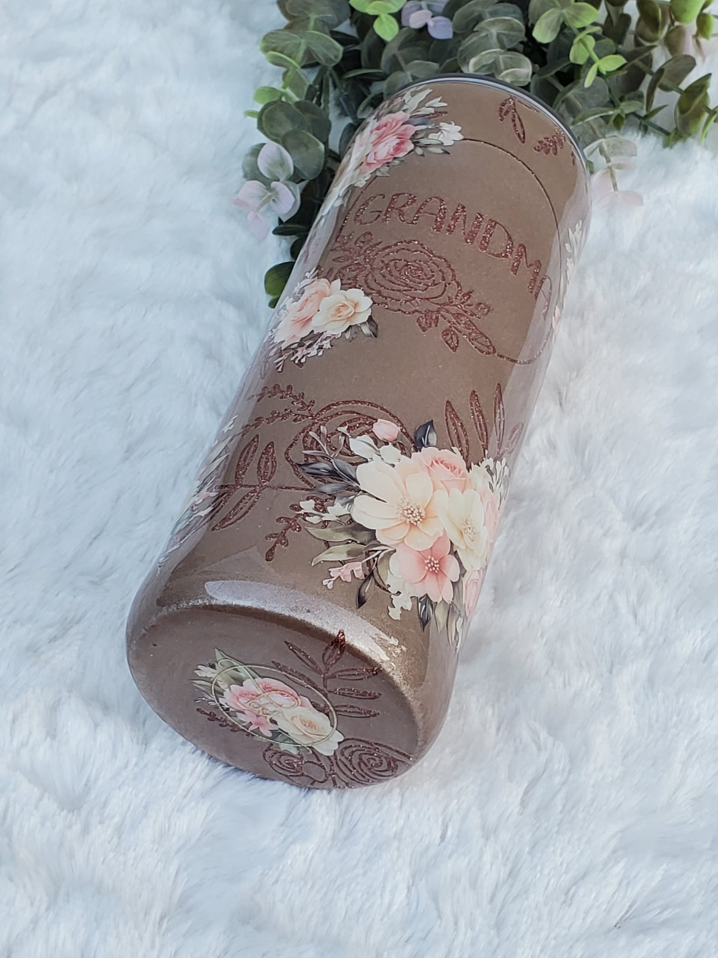 GRANDMA Peekaboo floral Custom Tumbler - 24 oz Skinny Straight - Rose gold & peach pink