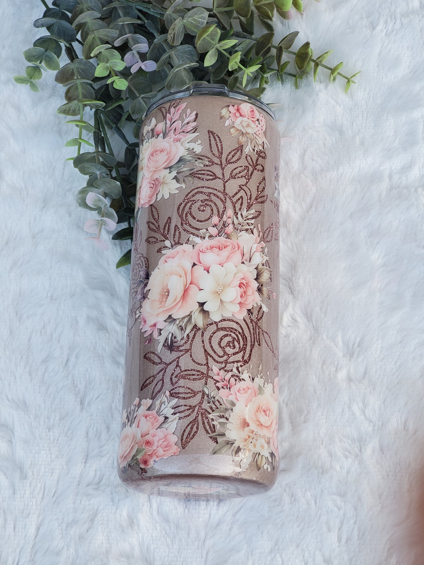 GRANDMA Peekaboo floral Custom Tumbler - 24 oz Skinny Straight - Rose gold & peach pink