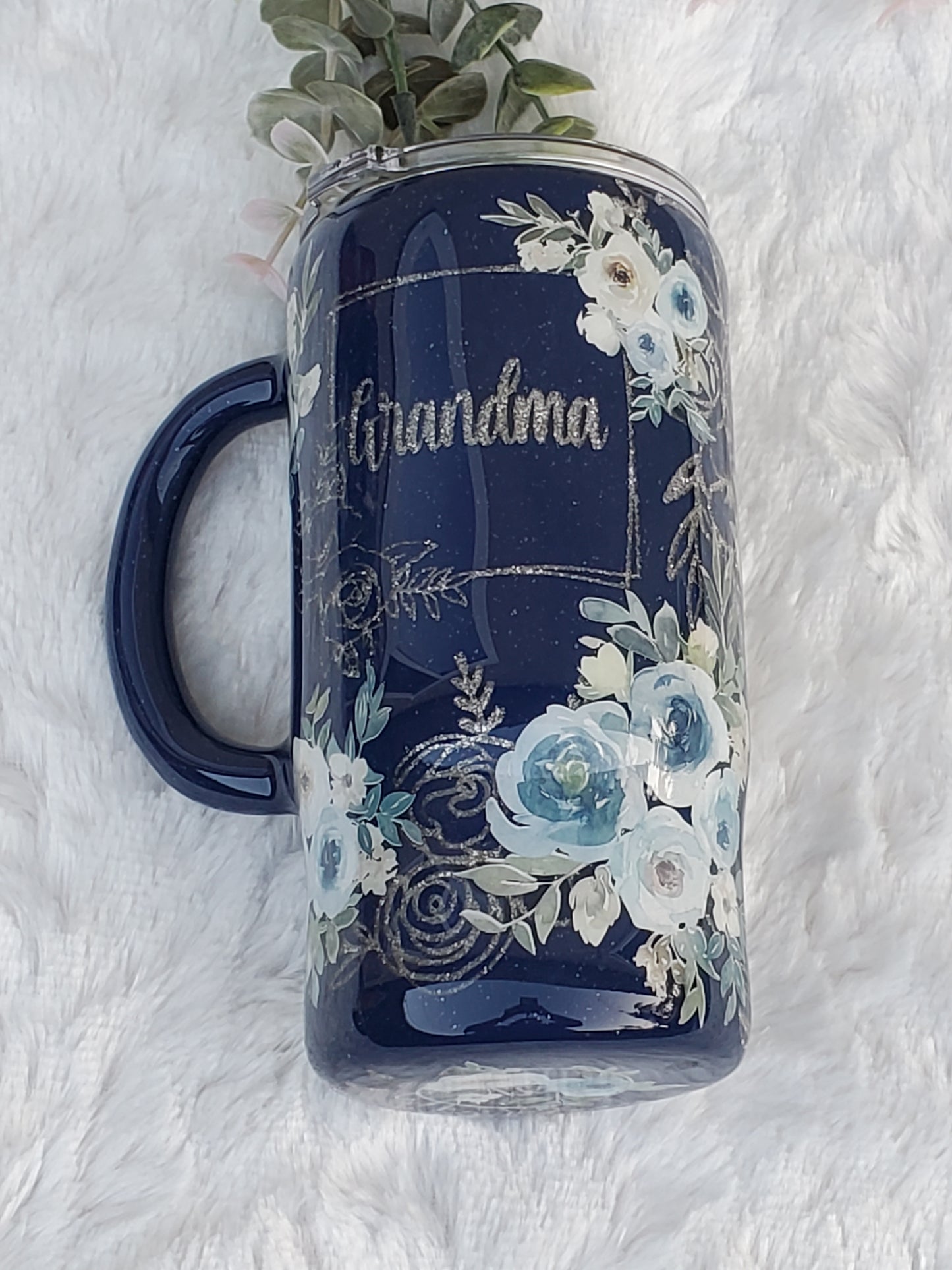 GRANDMA Peekaboo floral Custom Tumbler - 16 oz handled mug - blues & silver