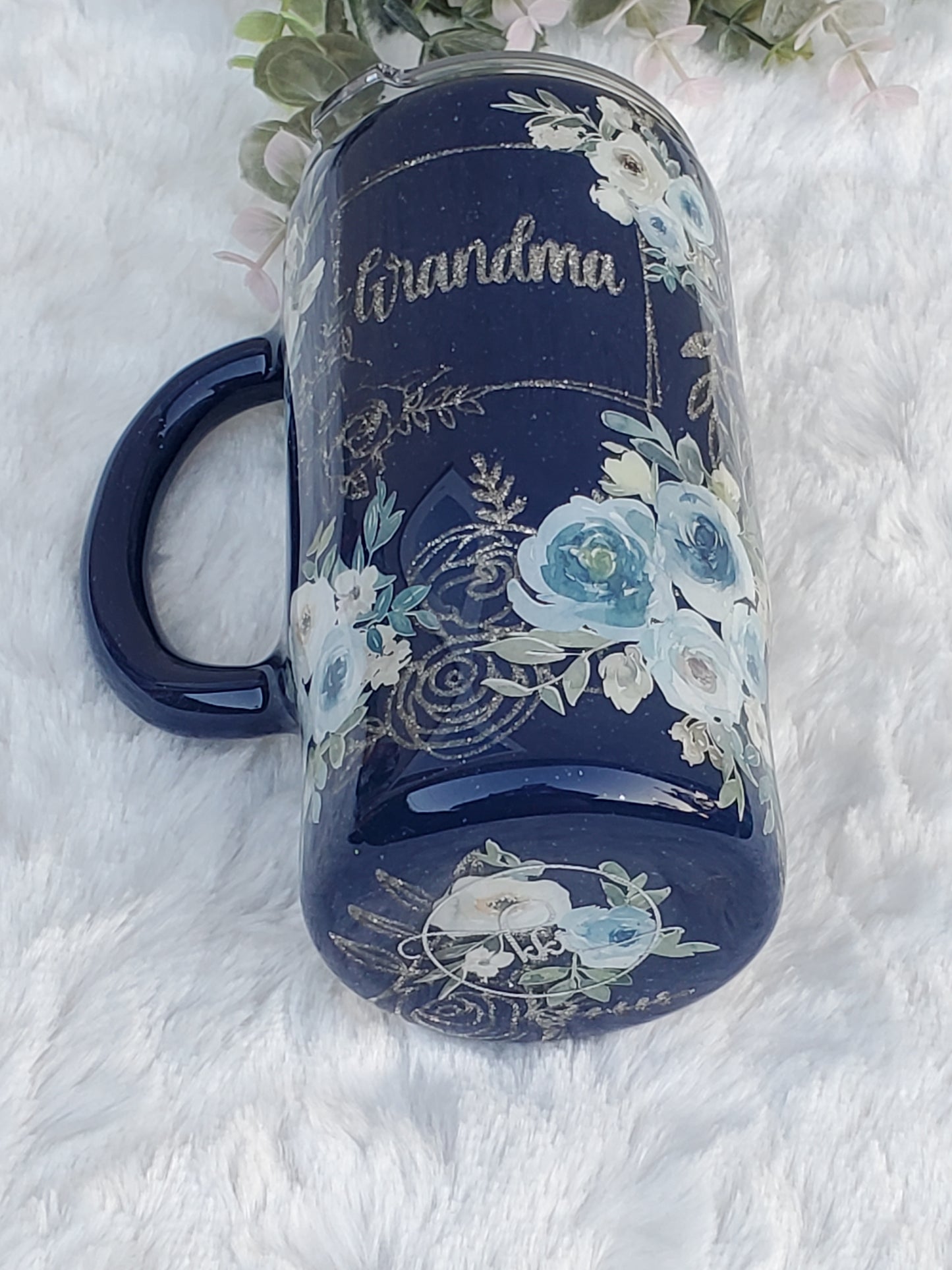 GRANDMA Peekaboo floral Custom Tumbler - 16 oz handled mug - blues & silver