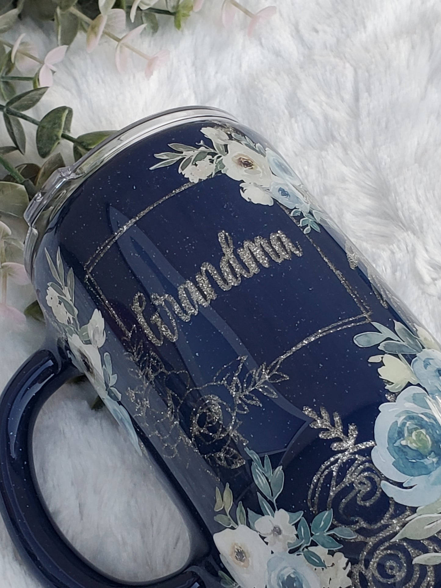 GRANDMA Peekaboo floral Custom Tumbler - 16 oz handled mug - blues & silver