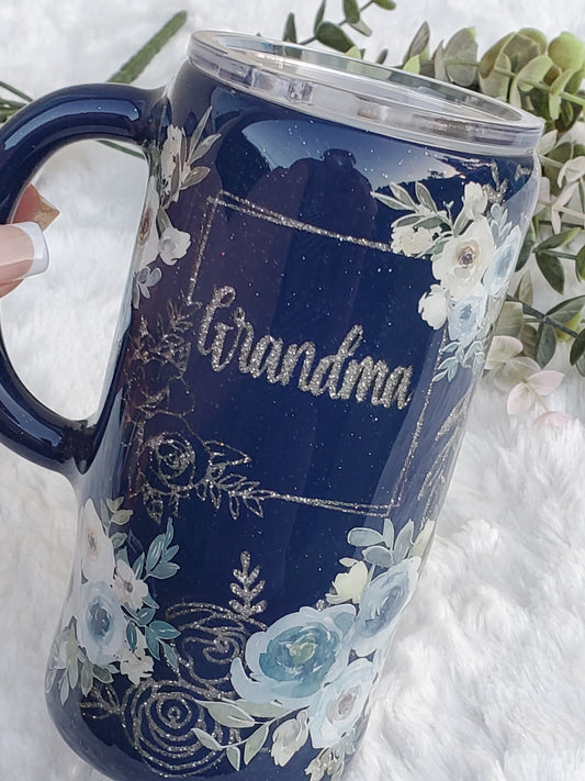 GRANDMA Peekaboo floral Custom Tumbler - 16 oz handled mug - blues & silver