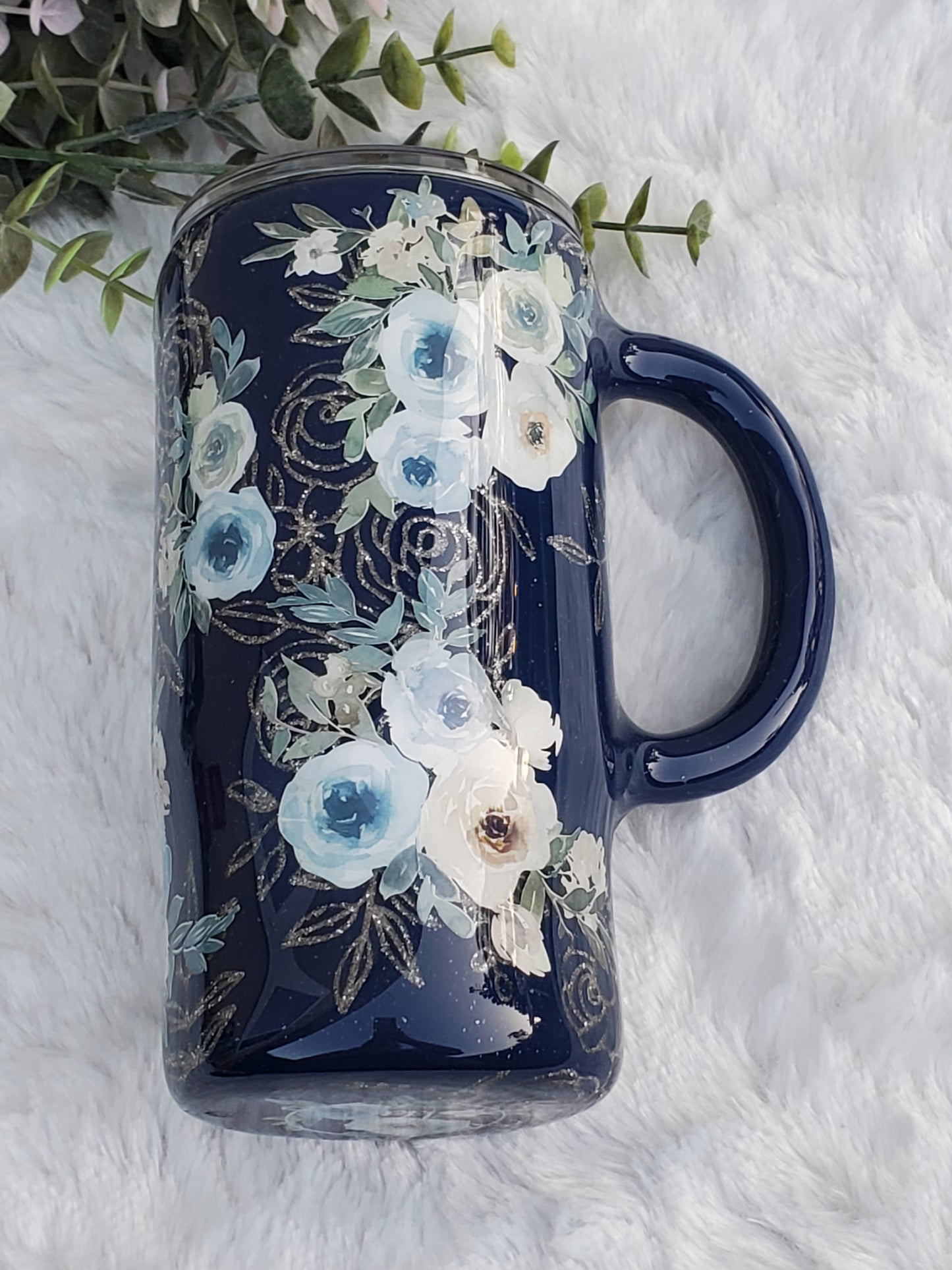 GRANDMA Peekaboo floral Custom Tumbler - 16 oz handled mug - blues & silver