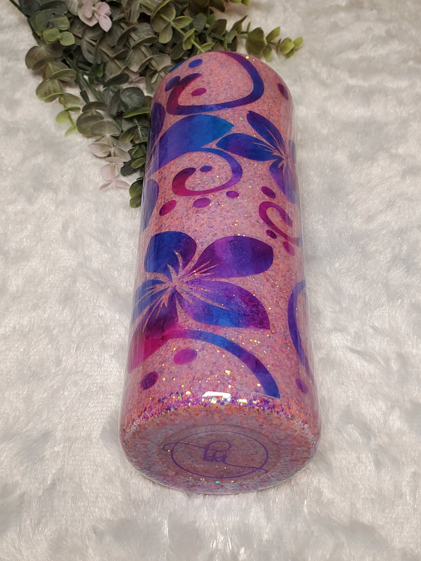 Reverse Peekaboo Floral Glitter Custom Tumbler - 24 oz Skinny Plump- Purple, Pink, Blue