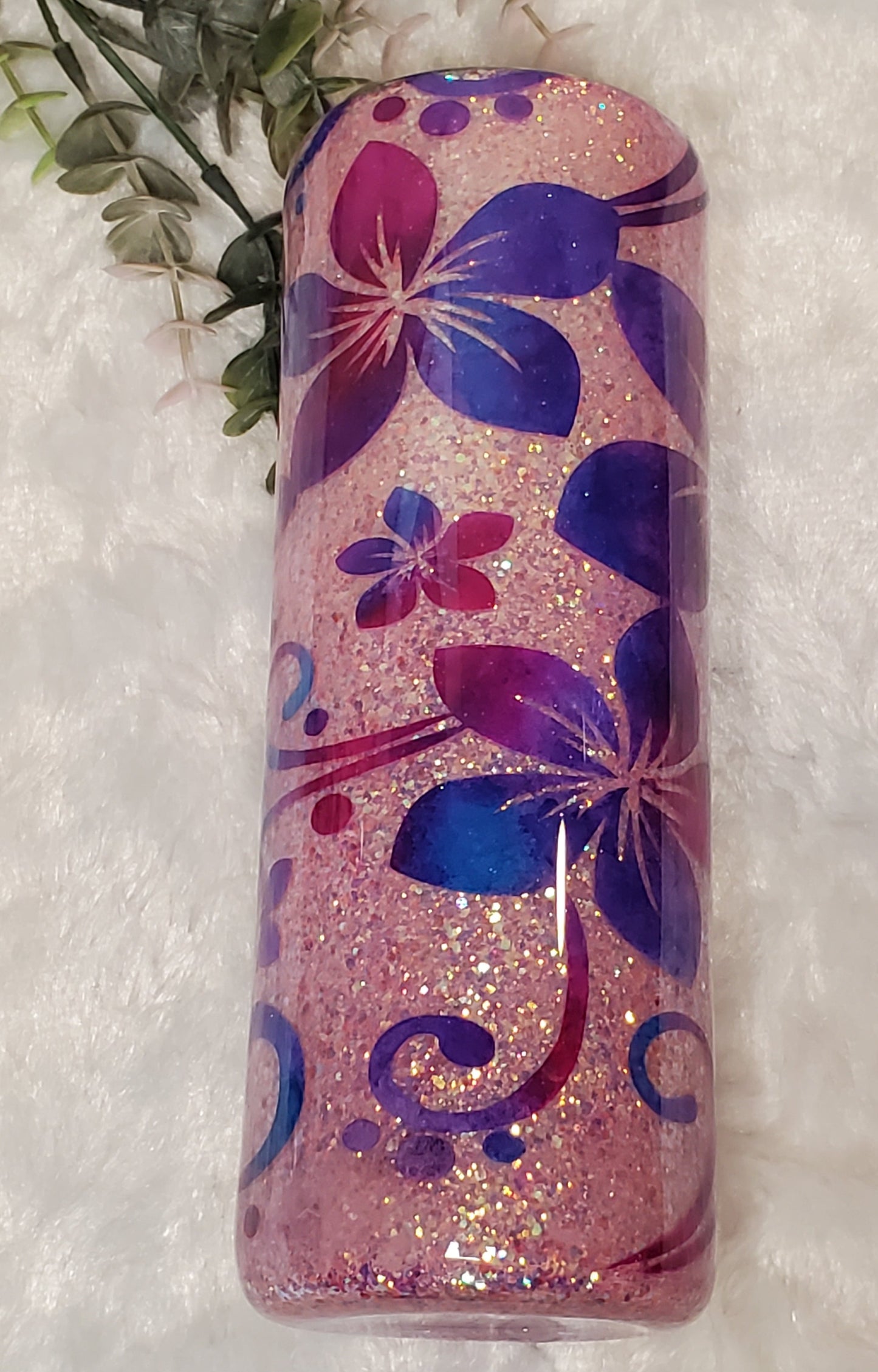 Reverse Peekaboo Floral Glitter Custom Tumbler - 24 oz Skinny Plump- Purple, Pink, Blue