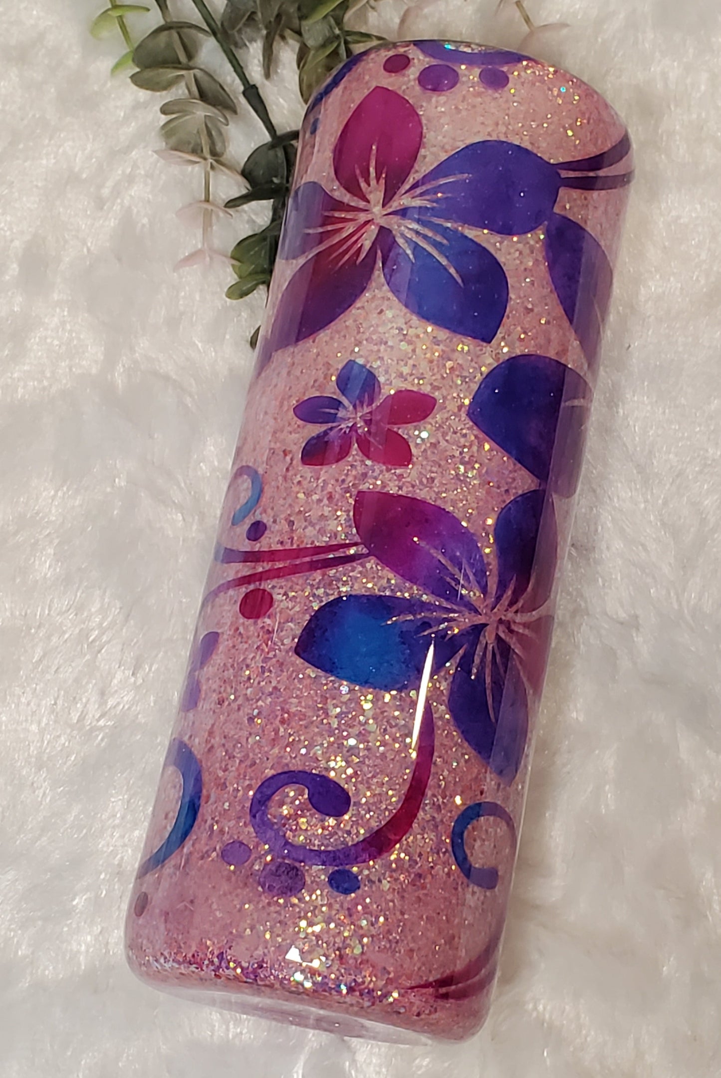 Reverse Peekaboo Floral Glitter Custom Tumbler - 24 oz Skinny Plump- Purple, Pink, Blue