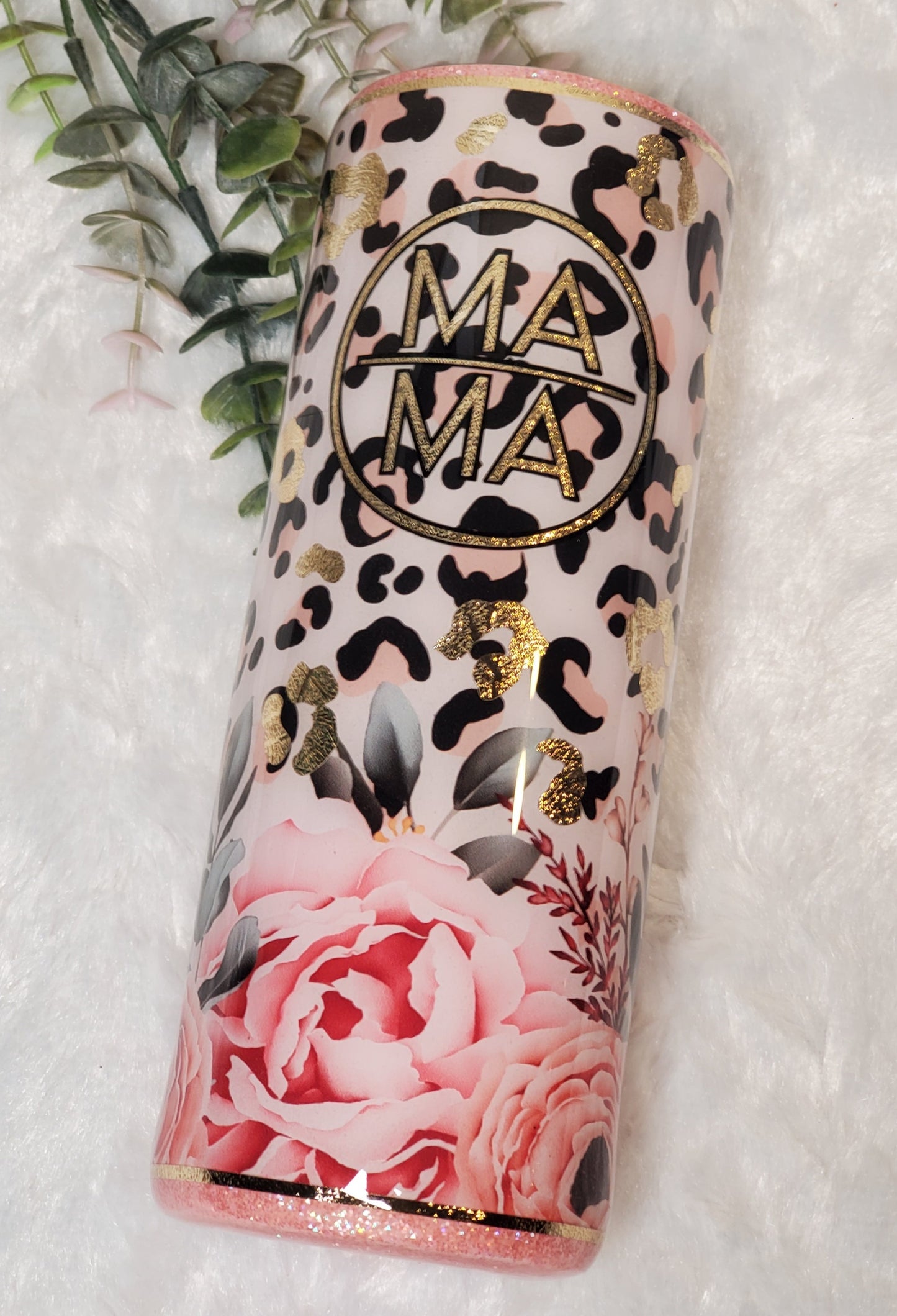 MAMA floral leopard Custom Tumbler - 20 oz Skinny Straight - pink peach & champagne gold