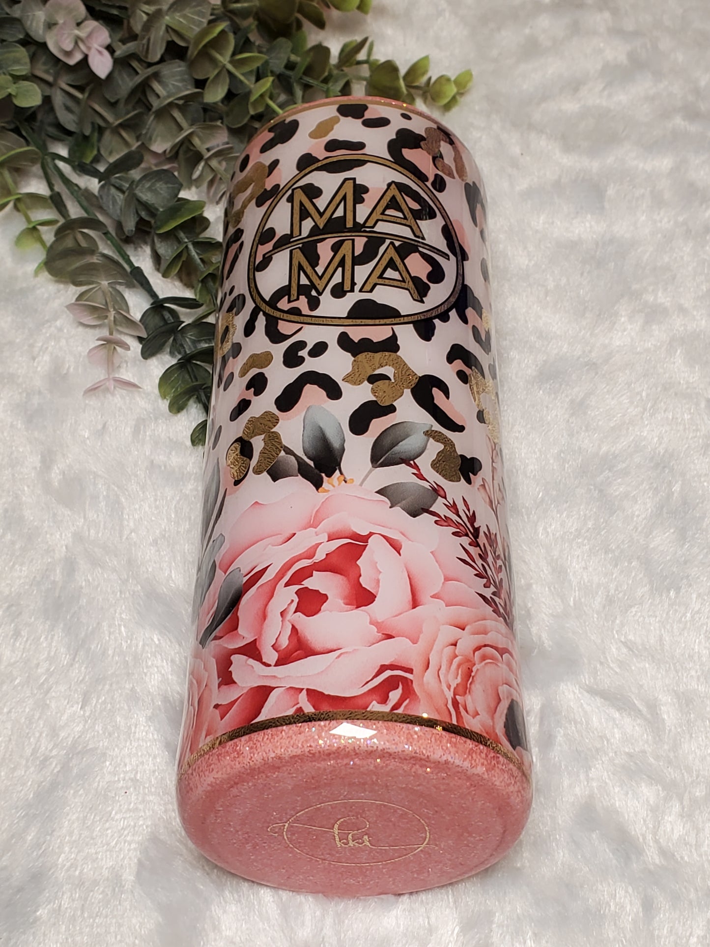 MAMA floral leopard Custom Tumbler - 20 oz Skinny Straight - pink peach & champagne gold