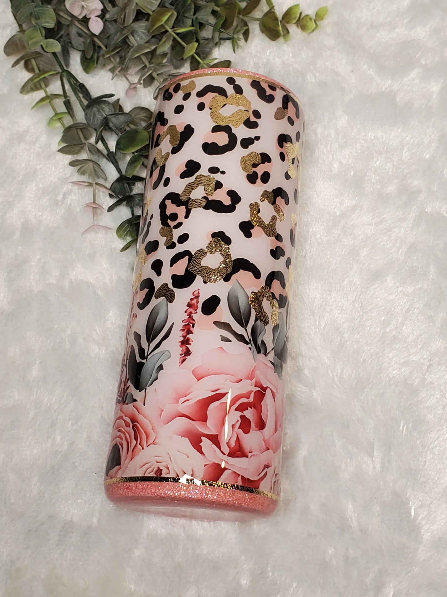 MAMA floral leopard Custom Tumbler - 20 oz Skinny Straight - pink peach & champagne gold