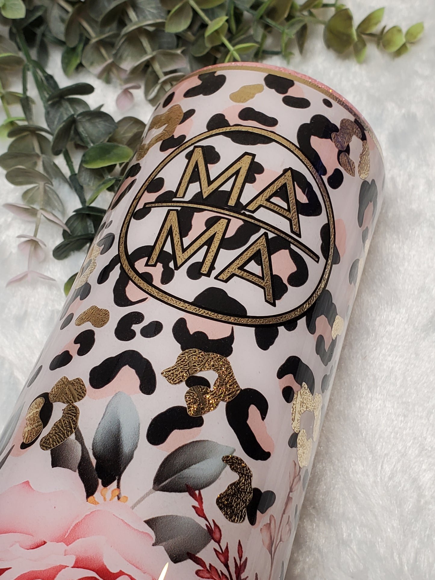 MAMA floral leopard Custom Tumbler - 20 oz Skinny Straight - pink peach & champagne gold