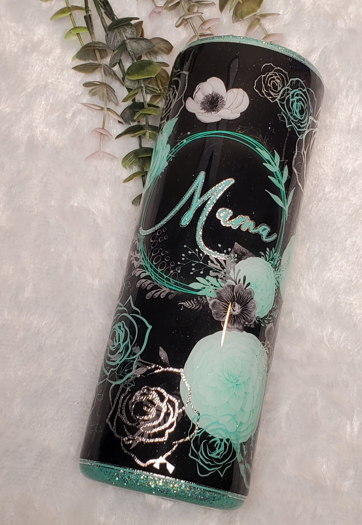 MAMA floral Custom Tumbler - 20 oz Skinny Straight - turquoise mint silver